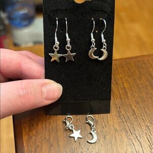 6pc set new trendy petite Silver Star moon earrings face frame w charms